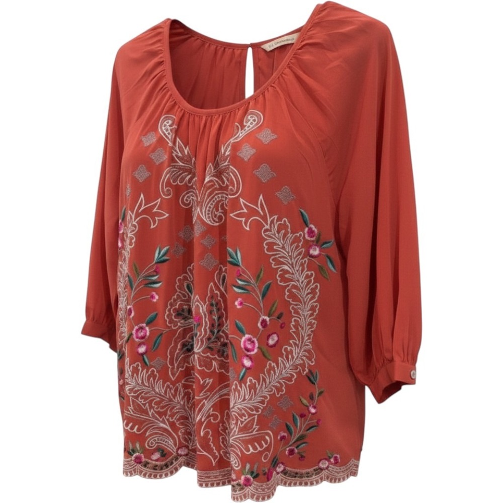 Soft Surroundings Womens Large Terracotta Embroidered Boho Blouse